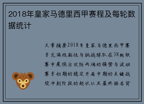 2018年皇家马德里西甲赛程及每轮数据统计